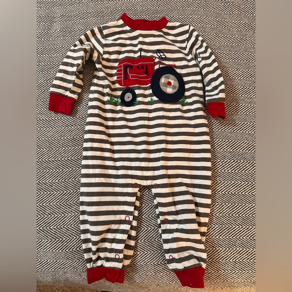 Red and Black Striped Kids outfit with Tractor Design